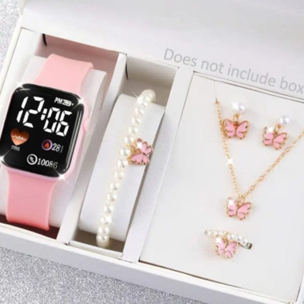 New Style Pink Lovers Led Watch + Jewellery Combo Set For Girls